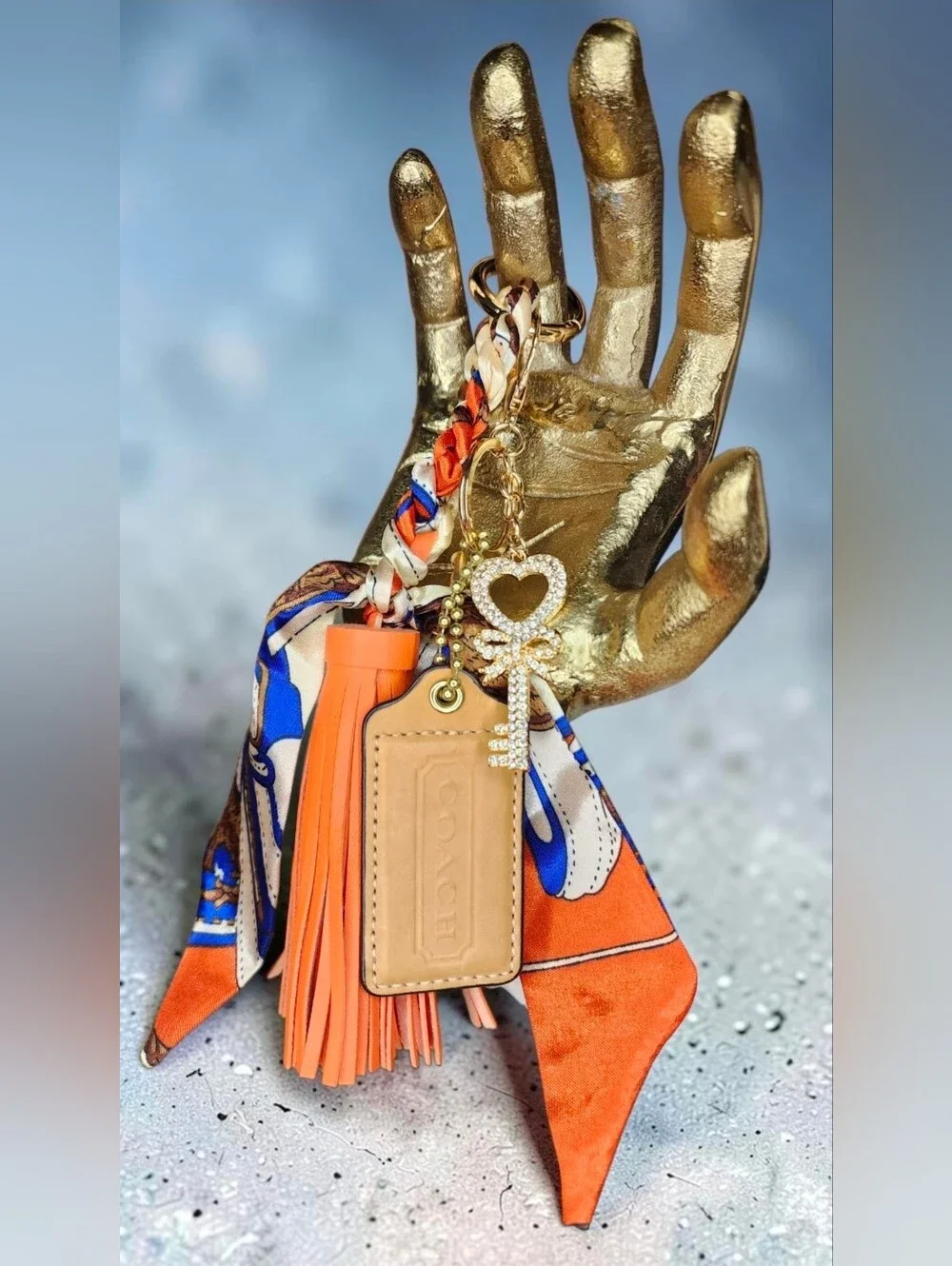 Coach Orange & Blue Scarf Tassel Keychain with Crystal Key & Heart Charm